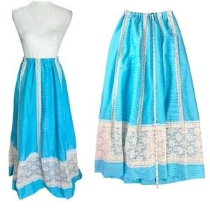Vintage 70s Carefree Fashions of Scottsdale Full length Maxi Skirt Blue and Lace